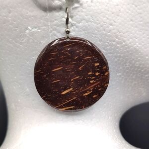 Brown Coconut Shell Focus Drop Dangle Hook Earrings